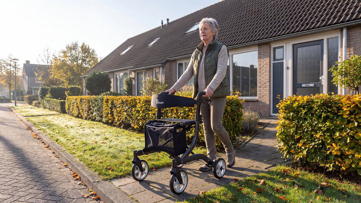 Parvum SuperLight Plus in anthracite; a woman in walking shoes steps out of her row house with the rollator.