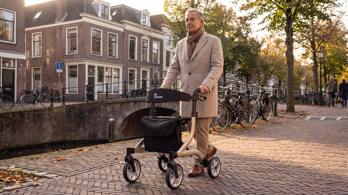 Parvum SuperLight in champagne along a canal; a man with gray hair in a light wool coat walks with the rollator.
